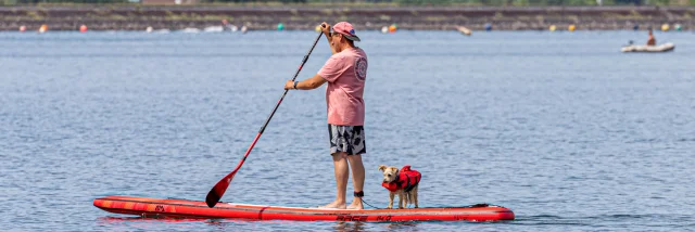 Mit dem Hund auf dem See paddeln