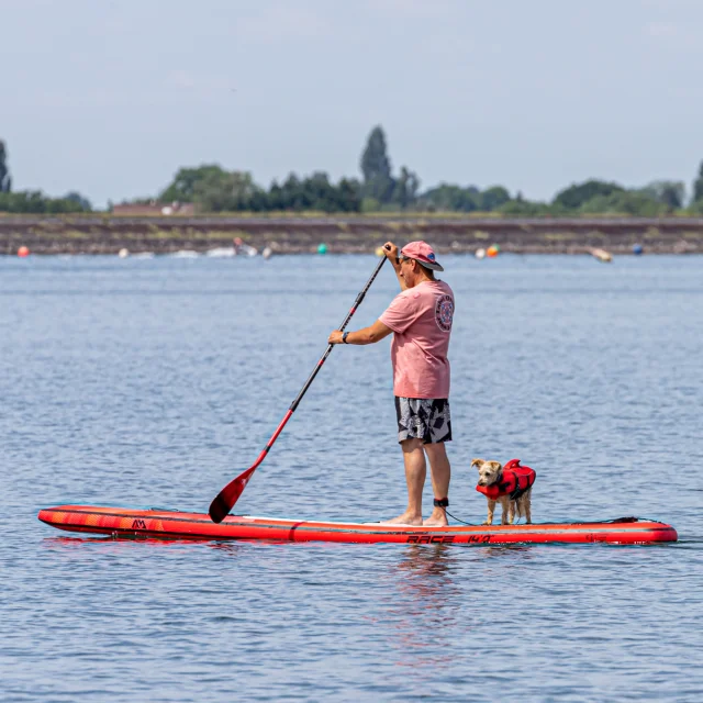 Mit dem Hund auf dem See paddeln